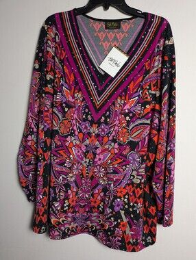 Bob Mackie Sparkle Top Floral Shimmer Sparkle Dots Abstract Artsy Purple Orange
